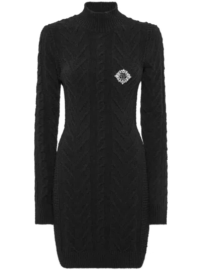 Philipp Plein Appliqué Knitted Mini Dress In Black