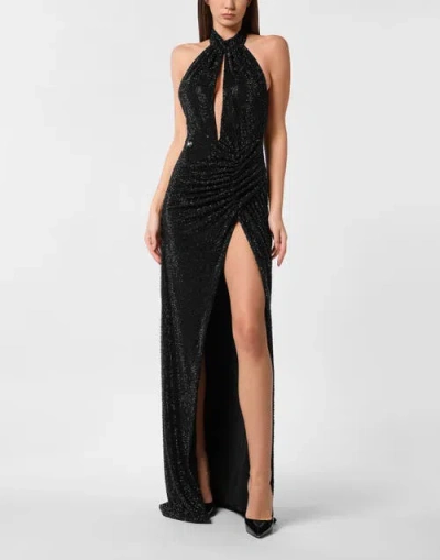 Philipp Plein Backless Long Evening Dress Mix Strass Women In Black