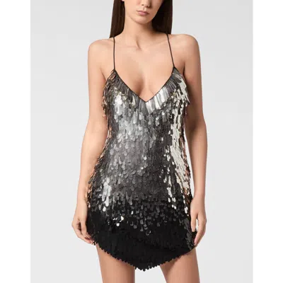 Philipp Plein Backless Mini Dress Paillettes Women In Black/beige
