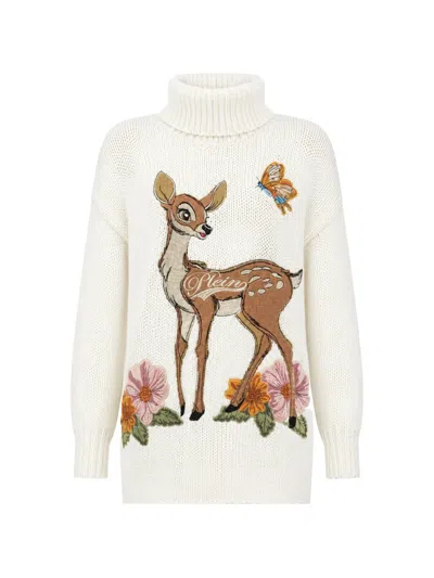 Philipp Plein Bambi-embroidered Oversized Turtleneck Sweater In White