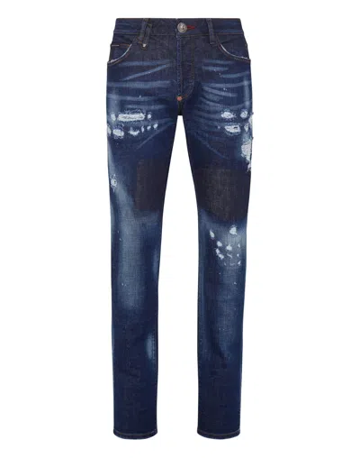 Philipp Plein Bandana Denim Trousers Super Straight Cut Paisley In Multi