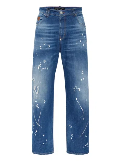 Philipp Plein Beach Boy Fit Paint-splatter Distressed Jeans In Blue