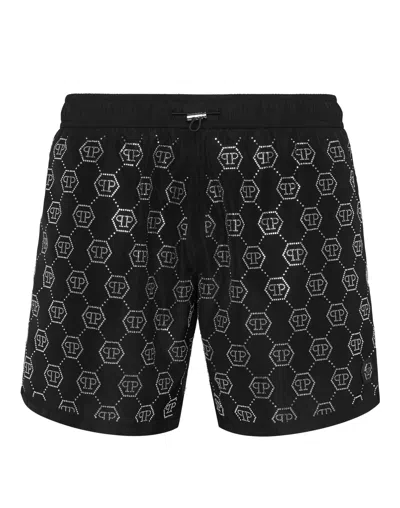 Philipp Plein Crystal-monogram Swim Shorts In Black