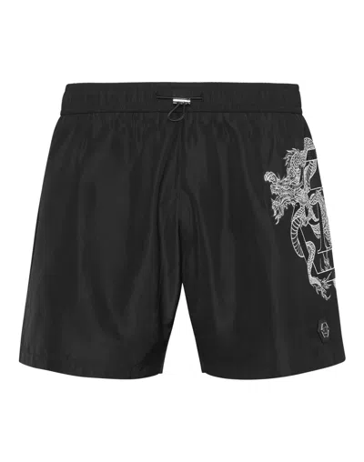 Philipp Plein Dragon-print Swim Shorts In Black