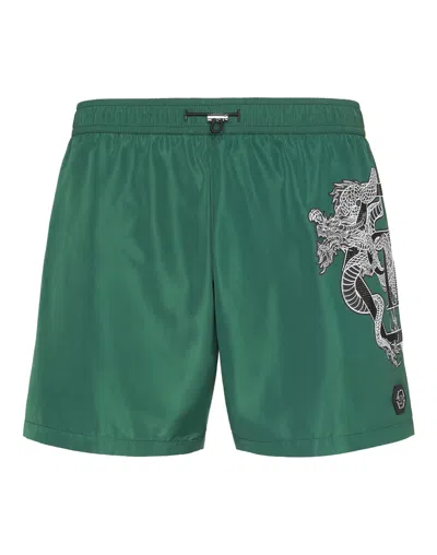 Philipp Plein Dragon-print Swim Shorts In Green