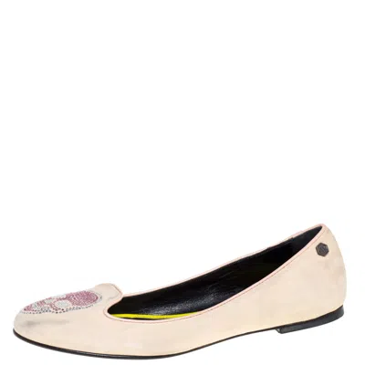 Philipp Plein Beige Suede Diamante Skull Flats In Blue