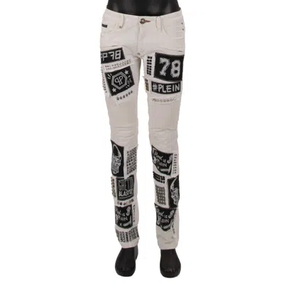 Pre-owned Philipp Plein Biker Punk Rock Stud Skull Skinny Jeans Pants White 13587