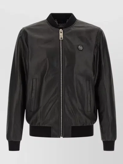 Philipp Plein Billy Bomber Jacket Ribbed Collar Cuffs Hem Pockets In Brown