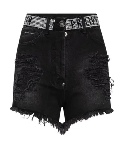 Philipp Plein Black And Gray Logo Details Denim Shorts