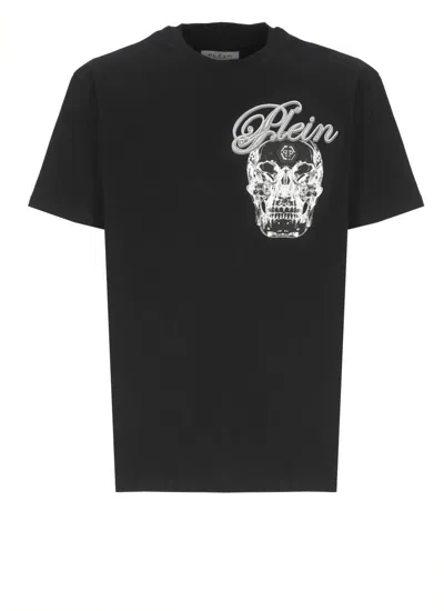PHILIPP PLEIN BLACK COTTON T-SHIRT WITH LOGO GRAPHIC