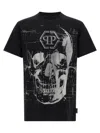 Philipp Plein Crew Neck Black T-shirt With Crystal Skull Design And Logo Patch In Black