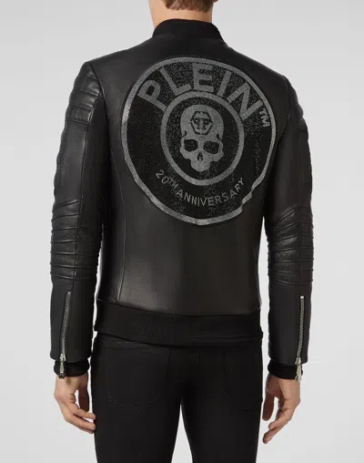 Pre-owned Philipp Plein Black Crystal Skull Printed  Men's Genuine Leather Bomber Jacket