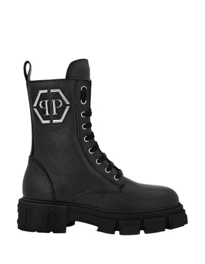 Philipp Plein Embossed Leather Boots Mid Flat In Black