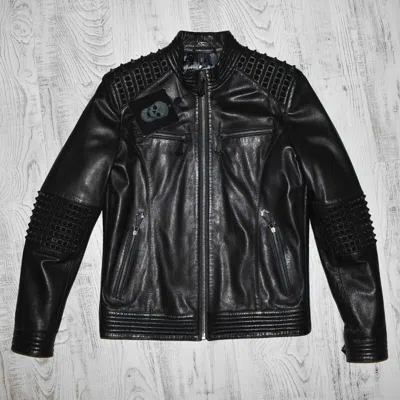 Pre-owned Philipp Plein Black Lambskin Men's Genuine Leather Jacket With Studs