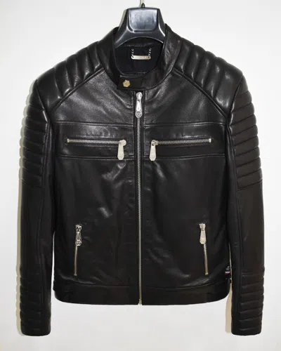 Pre-owned Philipp Plein Black Lambskin Men's Genuine Leather Moto Jacket