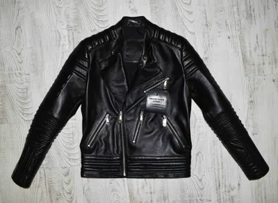 Pre-owned Philipp Plein Black Lambskin Men's Genuine Leather Motorcycle Biker Jacket