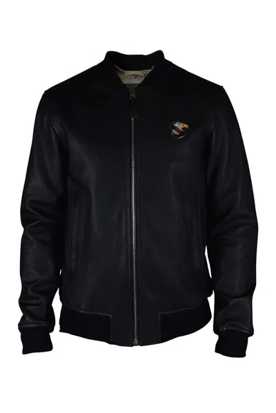 Philipp Plein Black Leather Bomber Jacket With Crest In Burgundy