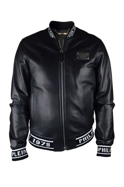 Philipp Plein Black Leather Bomber Jacket With Logo Accents
