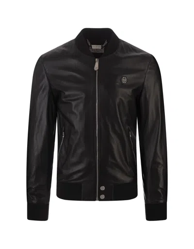 Philipp Plein Logo Leather Bomber Jacket In Black | ModeSens