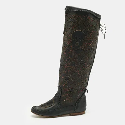 Philipp Plein Black Leather Laser Cut Skull Mid Calf Boots In Multi