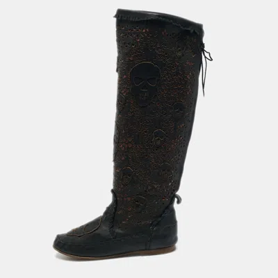 Pre-owned Philipp Plein Black Leather Lasercut Skull Mid Calf Boots Size 37