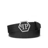 Philipp Plein Black Leather Pp Hexagon Buckle Belt In Black