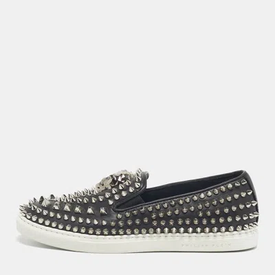 Pre-owned Philipp Plein Black Leather Studded Skull Slip On Sneakers Size 37