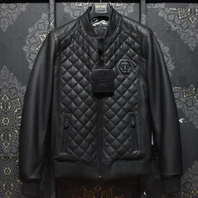 Pre-owned Philipp Plein Black Quilted Lambskin Men's Genuine Leather Jacket