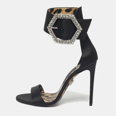 Philipp Plein Black Satin Crystal Embellish Ankle Strap Sandals
