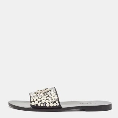 Pre-owned Philipp Plein Black Satin Embellished Flat Slides Size 39