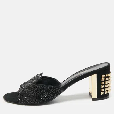 Pre-owned Philipp Plein Black Suede Crystal Slide Sandals Size 38