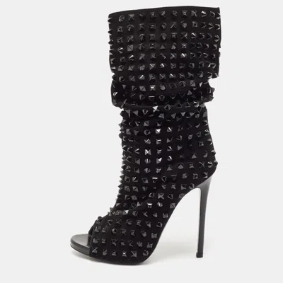 Pre-owned Philipp Plein Black Suede Peep Toe Superstudd Embellished Mid Calf Boots Size 38.5