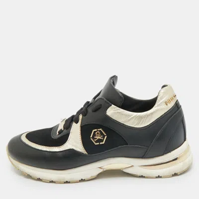 Pre-owned Philipp Plein Black/gold Leather And Suede Low Top Sneakers Size 38