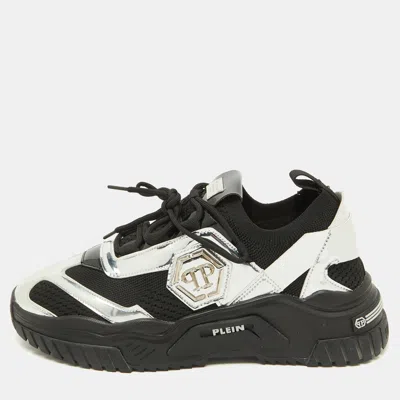 Pre-owned Philipp Plein Black/silver Patent Leather And Knit Fabric Low Top Sneakers Size 43