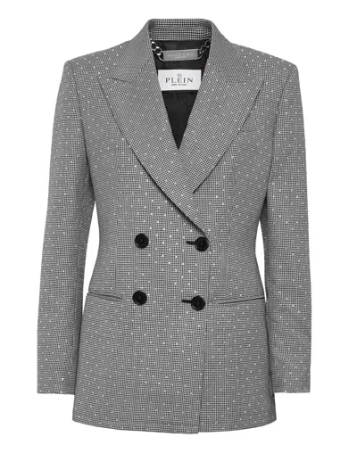 Philipp Plein Blazer Regular Gold Fit Pied De Poule In Gray