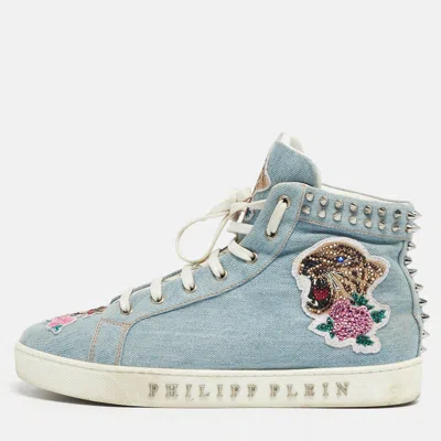 Philipp Plein Blue Denim Studded High Top Sneakers