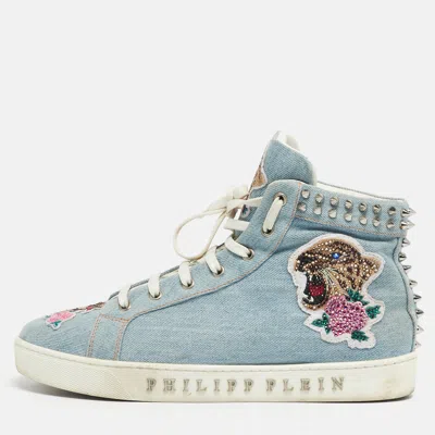 Pre-owned Philipp Plein Blue Denim Studded High Top Sneakers Size 40
