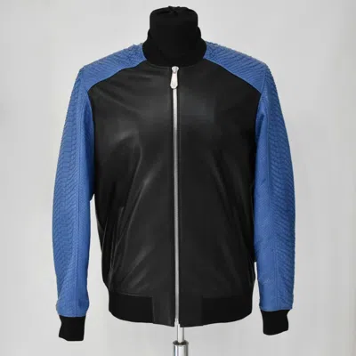 Pre-owned Philipp Plein Blue Genuine Python Leather Sleeves Men's Black Lambskin Jacket In Blue & Black