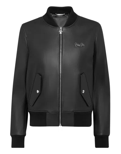 Philipp Plein Bomber Leather Jacket In Black