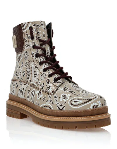 Philipp Plein Paisley-print Leather Ankle Boots In Beige