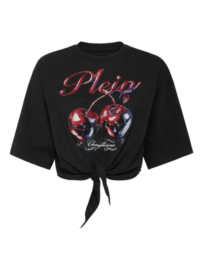 Philipp Plein Bow Cherry-print Cropped T-shirt In Black