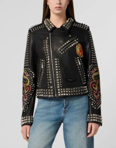 Philipp Plein Boxy Fit Biker Jacket Studs &amp; Patches Women In Black