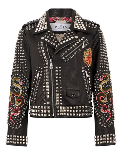 Philipp Plein Boxy Fit Biker Jacket Studs & Patches In Black