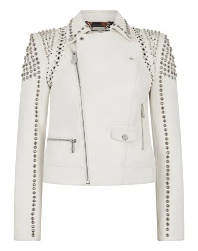 Philipp Plein Boxy Fit Biker Jacket Studs & Strass In Neutral