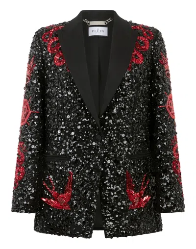 Philipp Plein Boyfriend's Fit Blazer Butterfly Tattoo Paillettes In Black