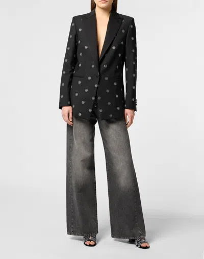 Philipp Plein Boyfriend's Fit Blazer Monogram Strass Monogram In Black