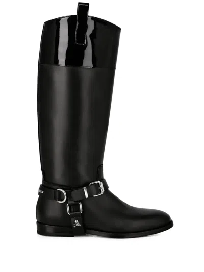 Philipp Plein Buckled Leather Knee-high Boots In Black