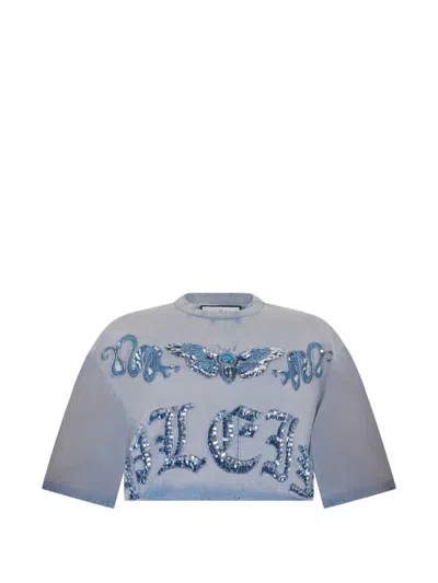 Philipp Plein Butterfly-motif Cropped T-shirt In Blue