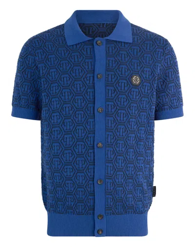 Philipp Plein Buttoned-up Polo Shirt Jacquard Monogram In Blue