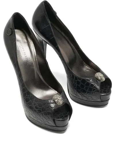 Pre-owned Philipp Plein C145mm Crocodile-embossed Skull Pumps In Black